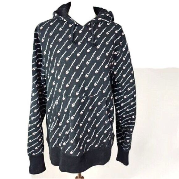 Champion All Over Print Logo Black Reverse Weave Thread Hoodie Sweatshirt Mens M - Picture 1 of 6
